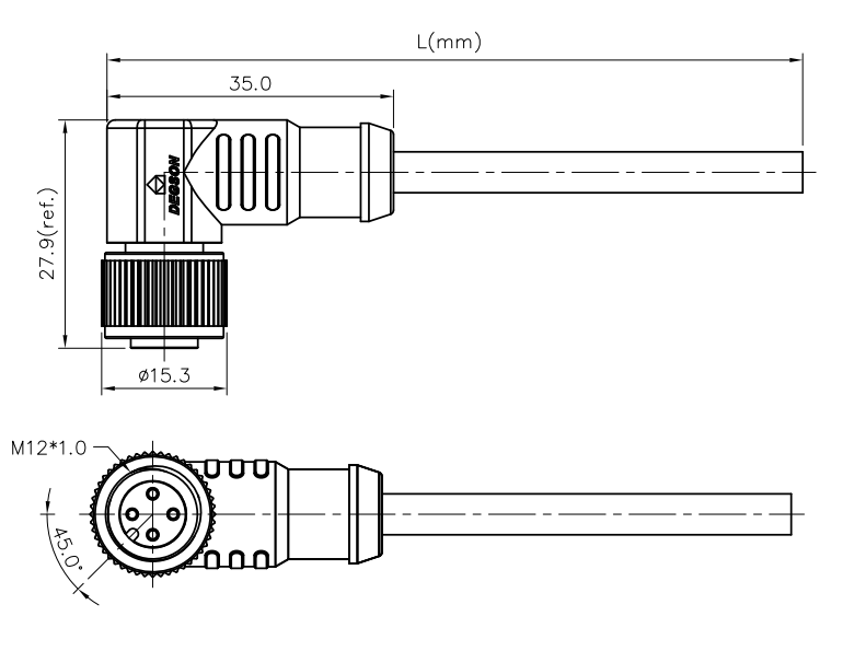 Conector Hembra angulo M12, 4 pines, 2mts