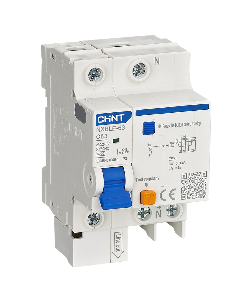 Interruptor RCBO 25A, 2P+diferencial 30mA, curva C, 6KA - CHINT - 0702422503CH